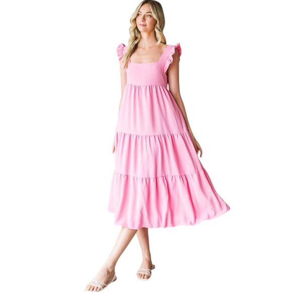 Pink Ruffled Sleeveless Tiered Midi Dress NWT | Reborn J - Picture 4 of 10
